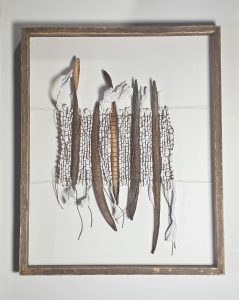  Bound.
Weaving with cotton, paper, and catalpa pods in wood frame. 
20" x 16"